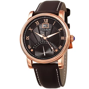 Men's Akribos XXIV AK913RG 24 Hour Retrograde Genuine Brown Leather Strap Watch - Picture 1 of 7