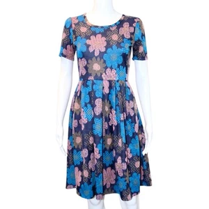 Vestido LuLaRoe Fit & Flare Floral Tejido Rosa Azul Rosa Cremallera Trasera Elastizado S Usado en Excelente Condición - Imagen 1 de 7