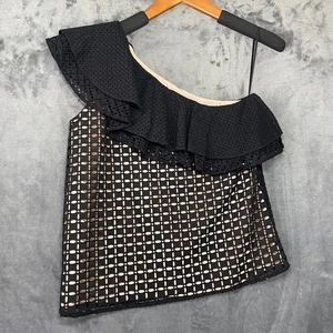 J.Crew J Crew Top Women 00 Black One Shoulder Ruffle Eyelet Classic Sleeveless - Picture 1 of 20