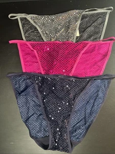 3 Paar Vintage String Bikini Höschen Nylon & Metallic Pailletten hoch geschnitten Gr. 7 Ellemenno - Bild 1 von 11