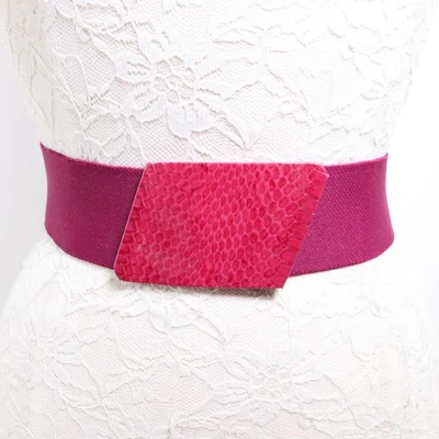 Vtg 80s Waist Belt Women L Magenta Stretch Wide Snakeskin Trapezoid Buckle - Image 1 of 4