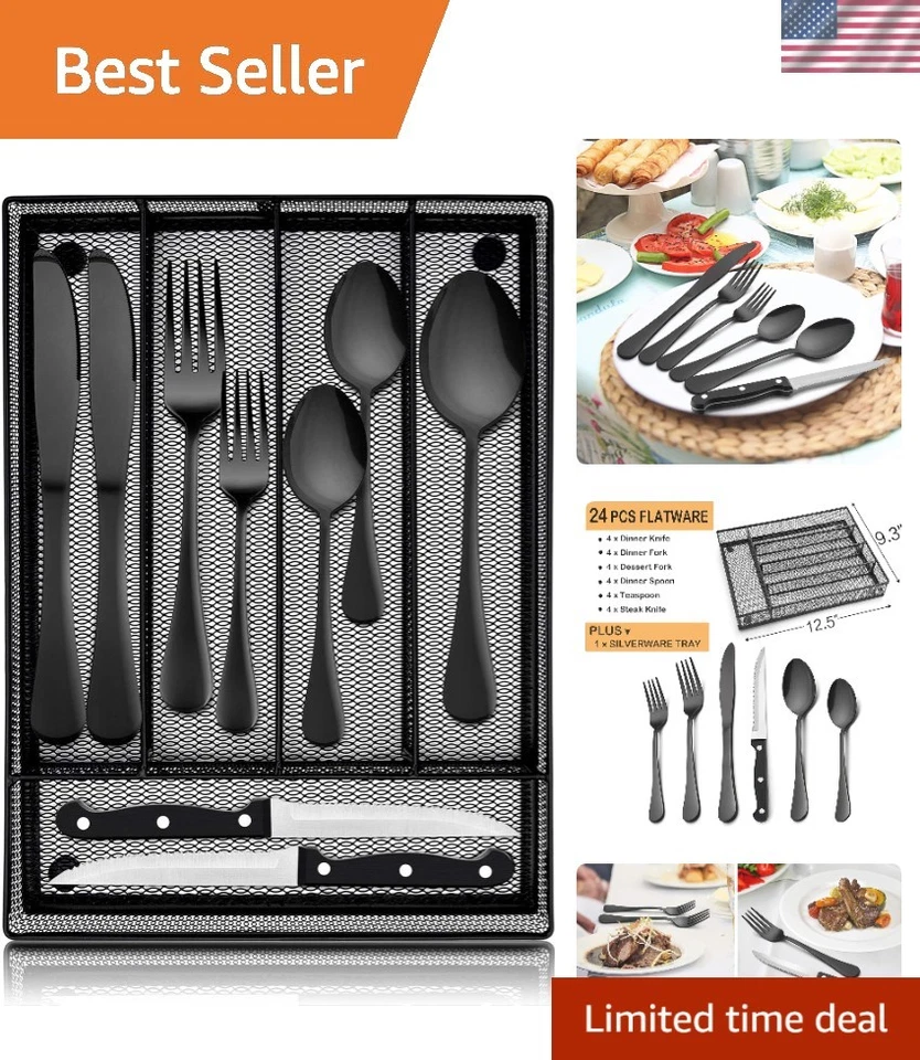 24-Piece Black Flatware Set with Stainless Steel Steak Knives & Storage Tray - Image 1 of 4