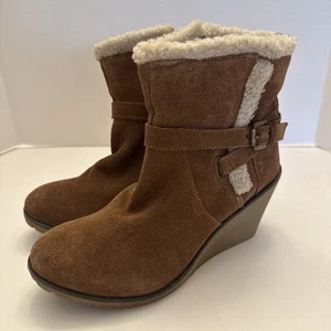 Skechers Dandy Brown Suede Sherpa Trim Ankle Boots Women’s 10 Wedge Heel - Picture 1 of 10