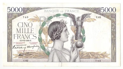 FRANCE  5000  Francs  1938  P:97a  VF+  Banque de France - Image 1 of 2