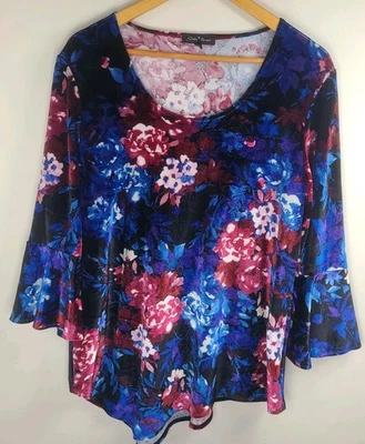 Slinky Brand Women's Top Large | Floral Velvet Feel Stretch Blouse Made in... - Image 1 of 4