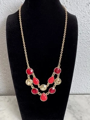 Collar Liz Claiborne LC Tono Dorado Rojo Gris Piedras Moda Distintivo 16.5" Foto 1 de 4