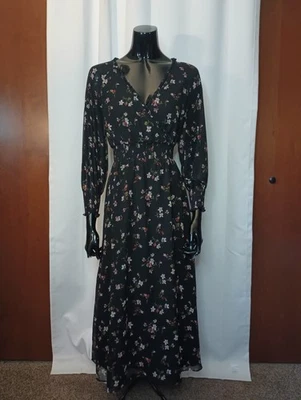 Madewell Georgette Smocked Midi Dress XS Black Floral Long Sleeve Dark Cottage - Image 1 of 4