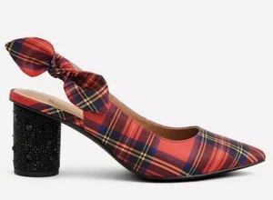 Torrid 8.5 W Betsey Johnson Punk Rockabilly Red Plaid Cylinder 3.75" Heel Pump - Picture 1 of 6