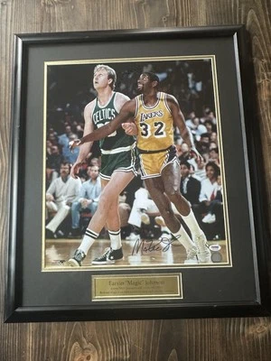 Magic Johnson Autographed/Signed 16x20 Photo w/ Larry Bird - Framed 22x26  - Image 1 of 4