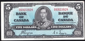 Canada 1937 $5 Five Dollar Banknote Coyne - Towers H/S 6923928 Bright Coloured - Picture 1 of 2