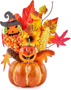 Halloween Kürbisstrauß Herbstdeko mit Ahornblättern Kürbis und Hexe mit... - Bild 1 von 11