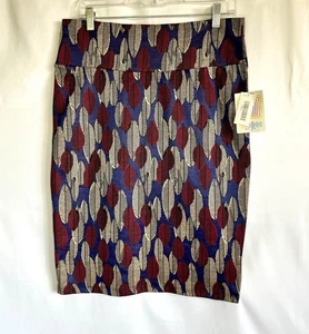 Lularoe Cassie Women’s Size Large L Blue Maroon Tan Leaves Print Stretch Skirt - Picture 1 of 6