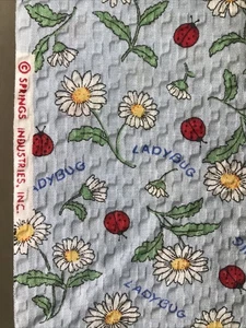 3 Yards Vintage Seersucker Fabric Ladybug Daisy Light Blue 80-90s Springs Ind. - Picture 1 of 3