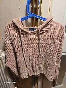 Ladies pink Forever 21 chunky knit cropped hooded small jumper