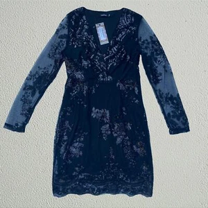 Black floral sequin v neck dress mesh sleeve Boohoo NWT - Picture 1 of 8