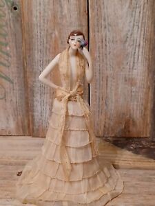 Antique Art Deco Flapper Half Doll Boudoir Porcelain Long Layered Dress 7.5"
