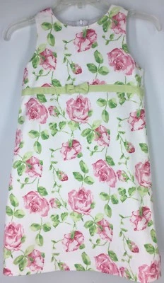 Girl's 7 HARTSTRINGS Dress Sleeveless PINK ROSES APPLE GREEN WHITE Shift Easter - Image 1 of 4