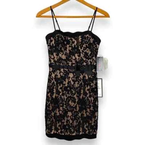 City Studio Women's Champagne Black Lace Overlay Satin Cocktail Dress Size 7 - Picture 1 of 6