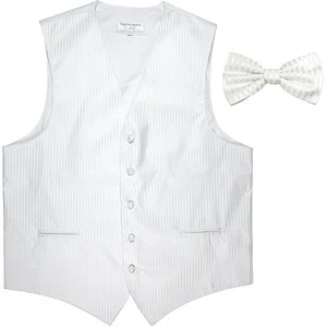 New Men's Vertical Tone on Tone stripes tuxedo Vest Waistcoat & bowtie White  - Picture 1 of 5