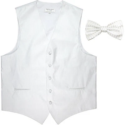 New Men's Vertical Tone on Tone stripes tuxedo Vest Waistcoat & bowtie White  - Image 1 of 4