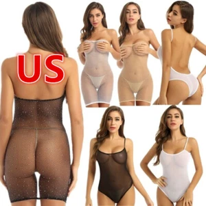 Damen Netz Ärmellos Body Dessous Turnanzug Overall Rückenfrei Nachtwäsche - Bild 1 von 51