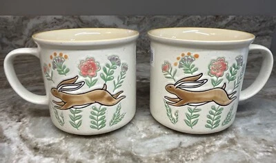 Hopping Bunnies Coffee Mug Set Of 2 Pretty Pale Yellow Inside 17 oz Spectrum New - Image 1 of 4