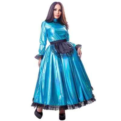  Vestido largo de criada francesa con ribete de encaje Juegos con disfraces Fiesta Tutú Vestido + Delantal Vestido Lolita Foto 1 de 4