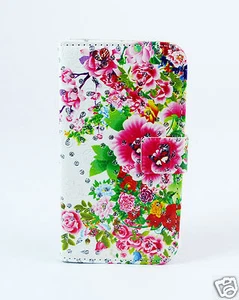 Samsung Galaxy S4 mini Case Flip Cover Etui Tasche Hülle Blumen Bunt Strass - Bild 1 von 1
