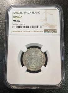 1335 1917 A Tunisia MS62 Silver Franc NGC UNC KM 238 Muhammad al-Nasir Bey - Picture 1 of 2