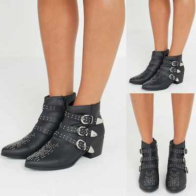 CORE COLLECTION Damenschuhe mit Nieten Schnallen mittelhoher Absatz Winter Stiefeletten Chelsea schwarz Stiefel