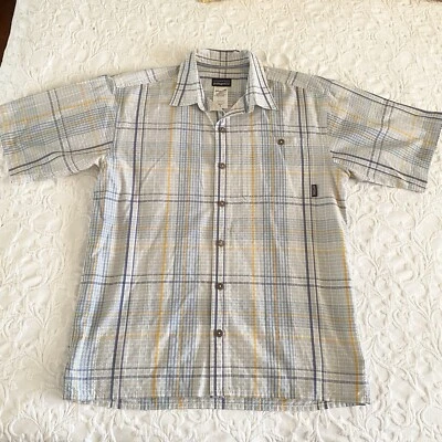 Camisa Patagonia Hombres S Azul Amarillo A Cuadros Manga Corta Mezcla Algodón Orgánico Foto 1 de 4