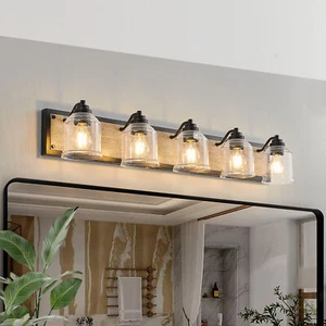 5 Lights 40'' Wood Black Vanity Light Bubble Glass Bathroom Mirror Wall Fixture - Picture 1 of 11