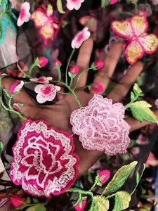 Fabric Sold By The Yard Pink Embroidery Lace Floral Flowers on Black Mesh Prom - Picture 1 of 10