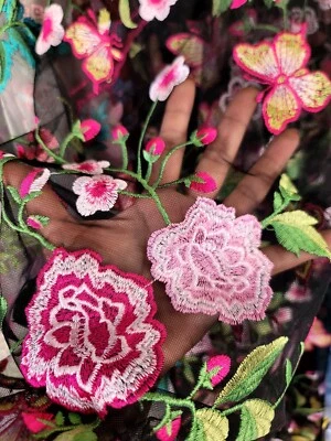 Fabric Sold By The Yard Pink Embroidery Lace Floral Flowers on Black Mesh Prom  - Image 1 of 4