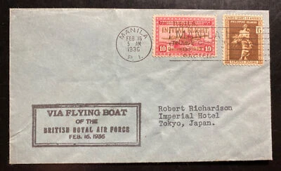 Manila Filipinas 1936 Primer vuelo correo aéreo cubierta a Tokio Japón vía Flying Bo Foto 1 de 2