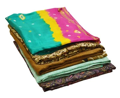 Vintage Lot Of 5 Sarees Recycled Used Felting Quilting Pure Silk Sari defects - Image 1 of 4