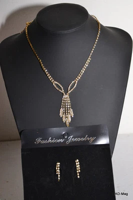 Parure Bijoux Fantaisie - Collier + Boucle d'Oreilles - doré + strass - NEUF 09 - Photo 1/4