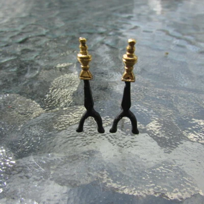Dollhouse Miniature Fireplace Andirons Vintage Soft Metal Black Gold - Image 1 of 4