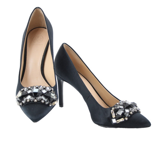 Tory Burch taglia 8 5 M nero strass punta pelle raso tacco 3 5"