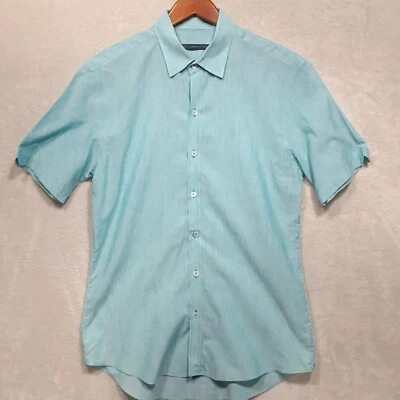 Camisa con botones de manga corta Zachary Prell para hombre talla M/azul claro/lino-mezcla de algodón Foto 1 de 4