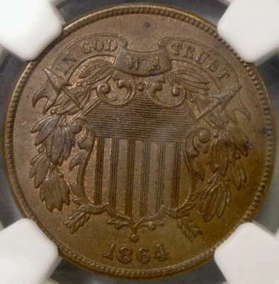 1864 TWO CENT RARE FS-001.8 REV INDIAN HEAD 1c CLASH SIGNED K. BRESSET NGC MS 62 - Image 1 of 4
