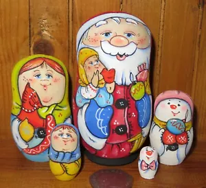 Russian SMALL MATRYOSHKA 5 nesting dolls Father Christmas Santa Frost Snowman - Picture 1 of 12