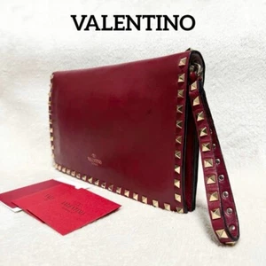 Valentino Garavani Bordeaux Studded Clutch Bag Leather Gold Accents Authentic - Picture 1 of 10