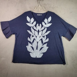 Chicos Top Womens 4 / XXL Navy Blue Linen Leaf Embroidered Flutter Sleeve Boho - Picture 1 of 9