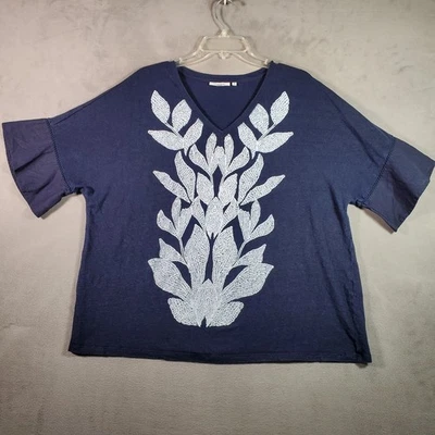 Top Chicos Mujer 4/XXL Azul Marino Lino Hoja Bordada Manga Acampanada Boho Foto 1 de 4