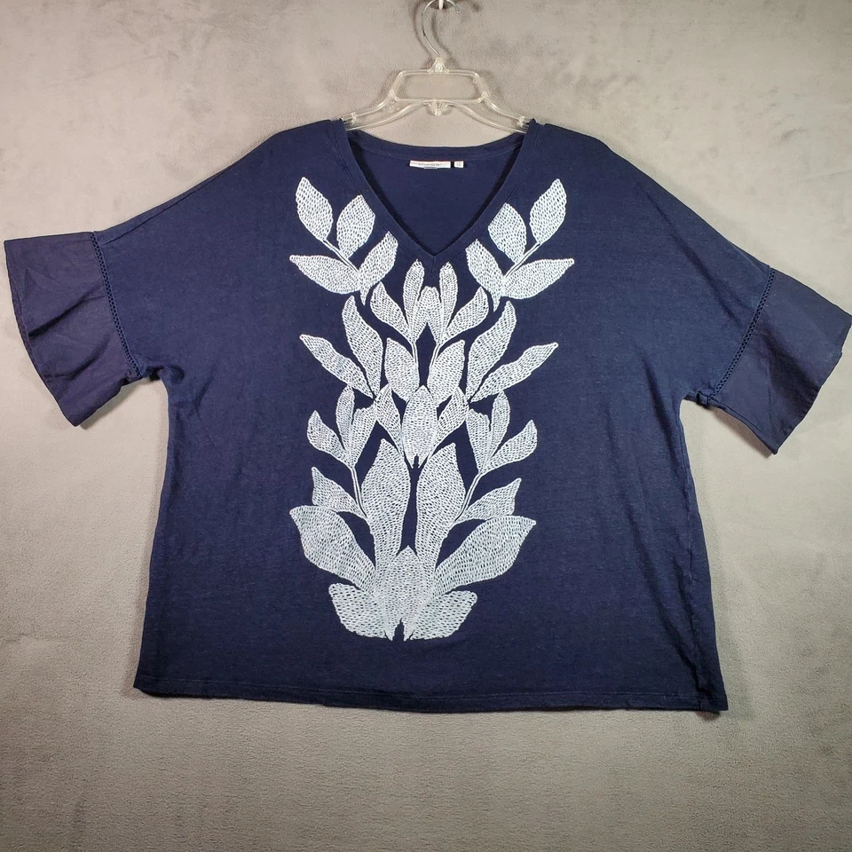 Chicos Top 女式 4 / XXL 海军蓝亚麻叶刺绣飘动袖波西米亚 — 第 1/4 张图片