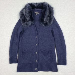 Banana Republic Cardigan Sweater Sz Medium Navy Fur Collar Mob Wife Merino - Picture 1 of 10