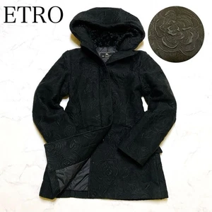 ETRO Hooded Coat Jacket Rose Embroidery Size M Black From Japan - Picture 1 of 10