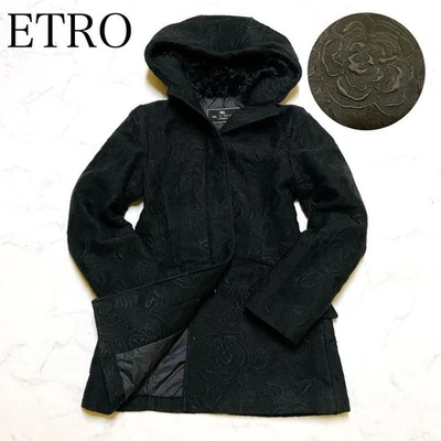 ETRO Hooded Coat Jacket Rose Embroidery Size M Black From Japan - Image 1 of 4