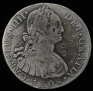1808 LIMA JP PERU 8 REALES .896 SILVER - CHARLES IV - CHOP MARKED (P0633) - Picture 1 of 2